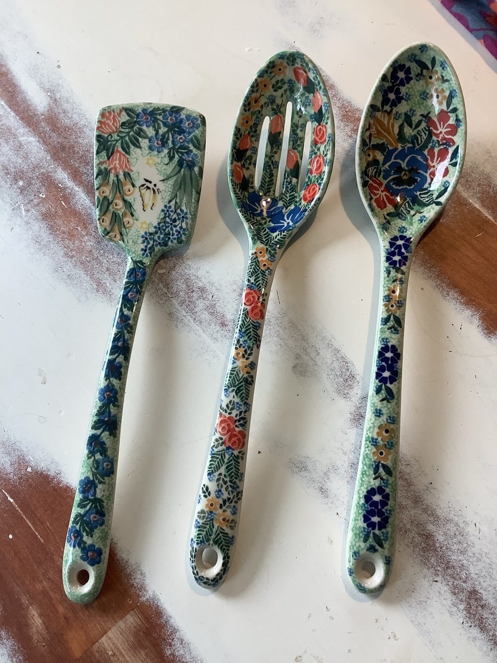 Lot Of 3 Three Polish Pottery UNIKAT serving Utensils Spoon 13”